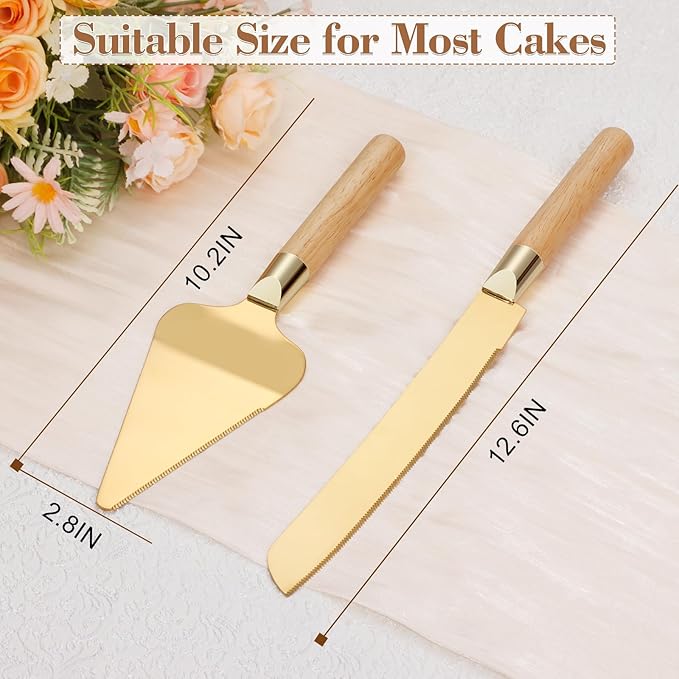 Gold Cake Cutting Set for Wedding, Wood Cake Knife and Server Set, Rustic 2-Piece Pie Cutter Serving Set, Serrated Dessert Utensils, Bridal Anniversary Quinceañera Gift (Oak color)