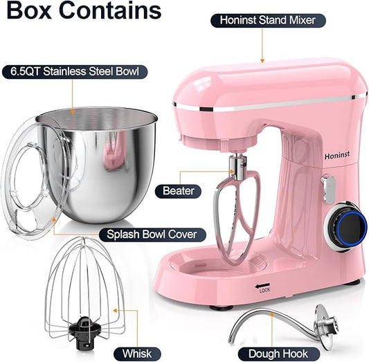 Honinst Stand Mixer, 6.5QT 10-Speed Tilt-Head Electric Stand Mixer, 3-In-1 Kitchen Mixer with Bowl, Dough Hook, Whisk and Beater, Food Mixer for Baking, Cake and Most Home Cooks, Pink