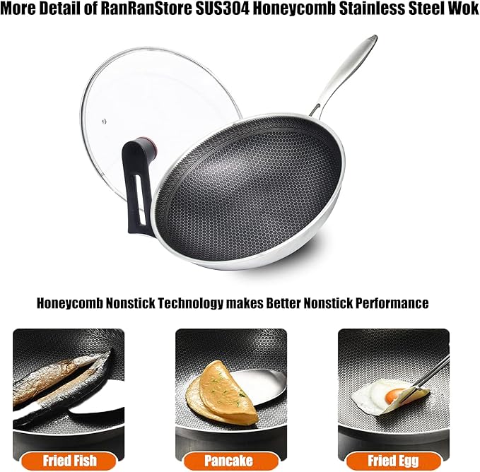 Cyrder Nonstick Large Stainless Steel Wok, PFOA Free Hybrid Non-Stick Pan, Dishwasher Oven Safe, Stay Cool Handle Skillet, Works with Induction Cooktop/Ceramic/Gas/Electric Stove