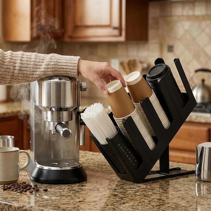 Coffee Cup & Lid Dispenser with Straw Organizer for Countertop – 4 Level Adjustable Paper Cup Holder for Coffee Bar, Café & Restaurant
