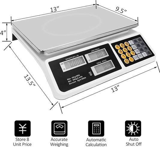 YIFOR Price Computing Scale 88lb/40kg LCD Digital Commercial Price Scale with Stainless Steel Platform,Produce Scale & Food Scale for Farmers Market, Retail Outlets, Meat Shop (Flat Plate)