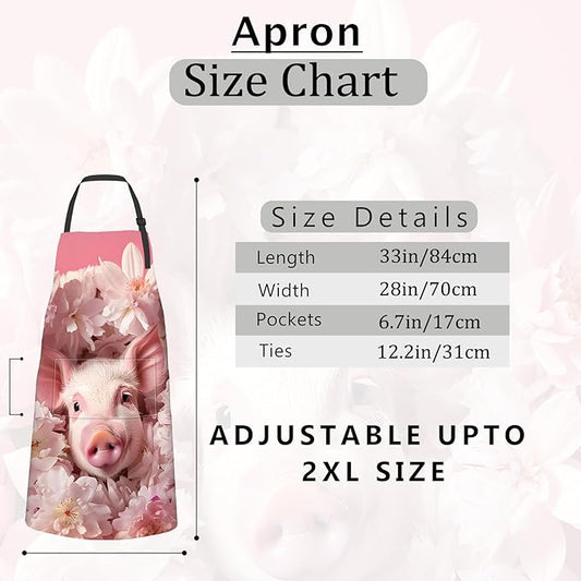 Floral Pig Apron Cute Piglet with Pink Blossoms Aprons Waterproof Oxford Polyester Adjustable Pockets Design for Cooking, Crafting, Garden Decor, Gifts for Nature Lovers, 28x33 Inch