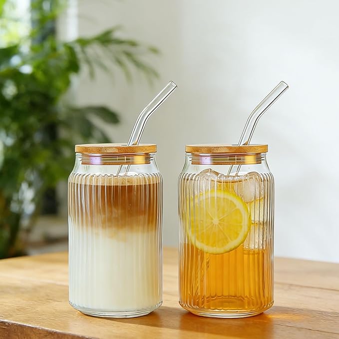 2 PCS Glass cups with Lids and Straws, 16 OZ Iced Coffee Cups, Ribbed Glass Tumbler with Straw and Bamboo Lid, Thick Drinking Beer Glasses for Coffee, Juice, Match Cup with Cleaning Brush (Clear)