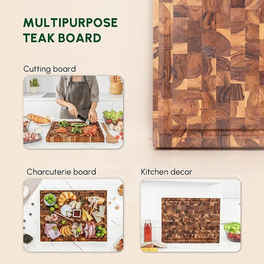 BEEFURNI Teak Wood End Grain Cutting Board (S, 16x12x1.5"), Wooden Cutting Boards for Kitchen with Juice Groove Hand Grip Small, Charcuterie Boards, Serving Board, Christmas Gifts, 1-Year Warranty