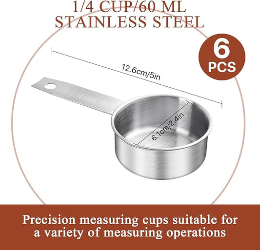 6 pcs 1/4 Measuring Cup, Stainless Steel Measuring Cups, Single Engraved Marking Measuring Scoop Cups, Metal Measuring Cup for Kitchen Baking & Cooking