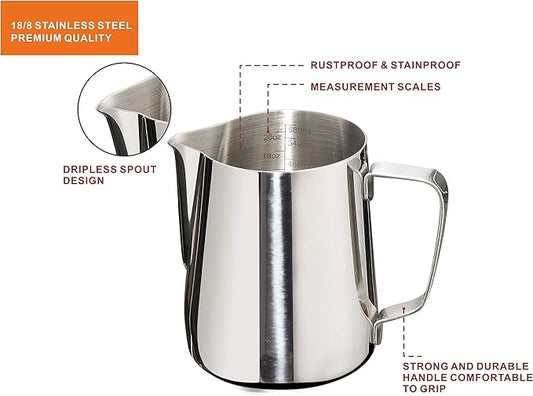 Milk Frothing Pitcher 20oz Stainless Steel Cup Perfect for Latte Art Steam Pitchers,Stainless Steel Milk FrotherPitcher Cup Steaming Pitcher 600ml With Measurement Scale