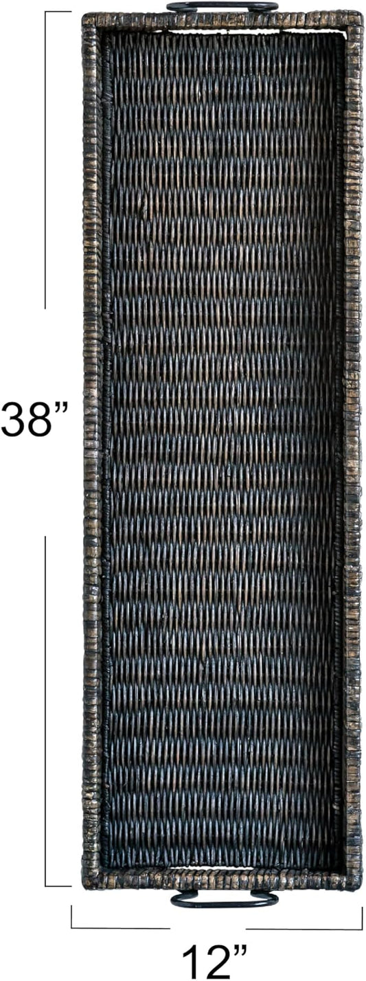 Creative Co-Op Black Rattan & Wood Tray with Handles