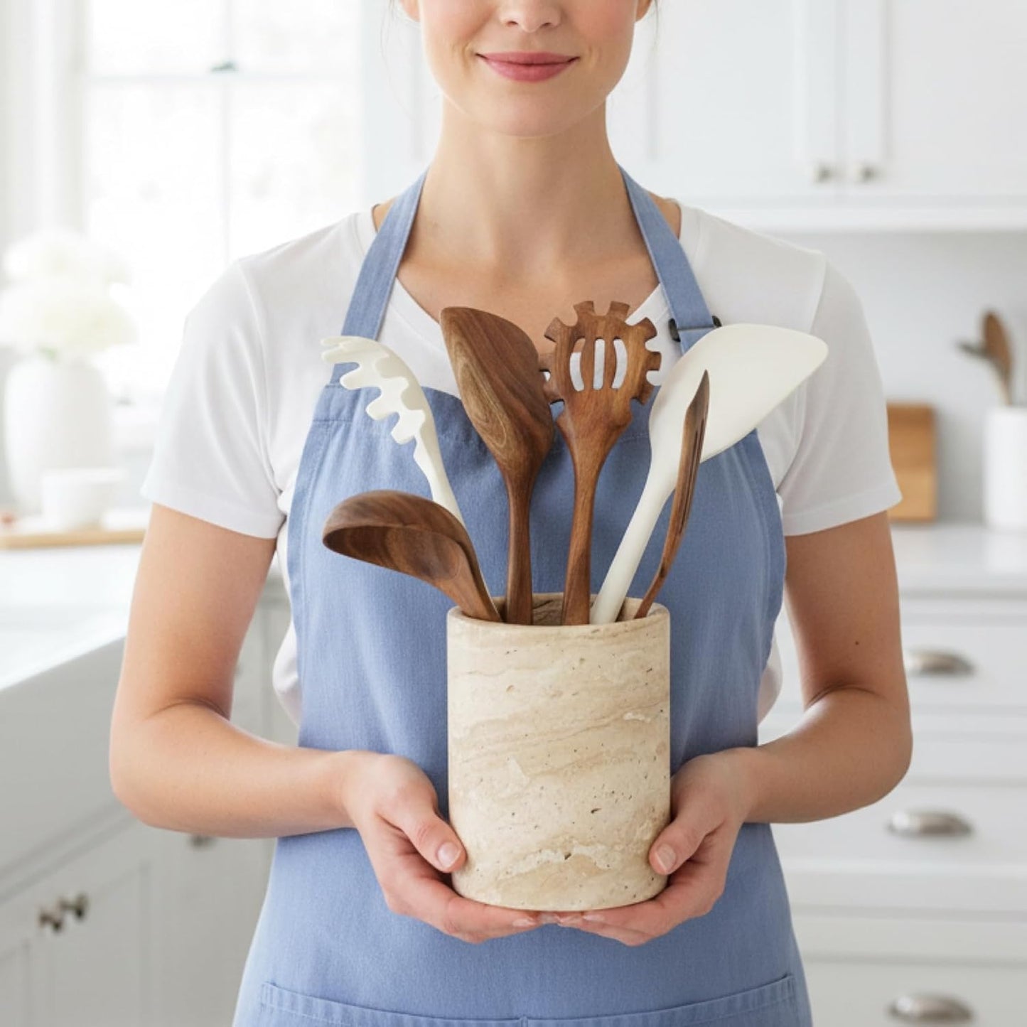 Natural Travertine Utensil Holder for Kitchen Countertop – Heavy & Stable Real Stone Utensil Crock, Large Spoon & Spatula Organizer, Rustic Premium Kitchen Decor, Housewarming Gift, Beige