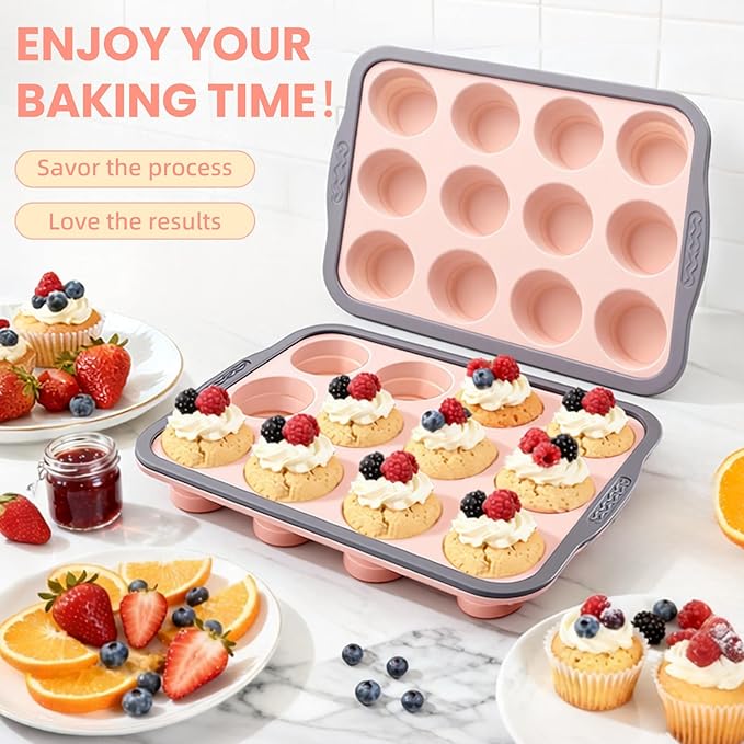 BHNJUTM 2 Pack Silicone Muffin Pan for Baking - Premium Nonstick Muffin Tin with Metal Reinforced Frame, Easy to Clean Silicone Cupcake Molds, Dishwasher & Oven Safe BPA Free(pink)
