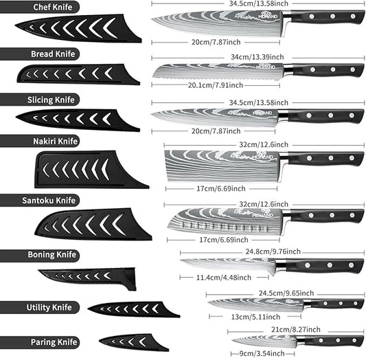 MDHAND Professional Chef Knife Set with Roll Bag, 9PCS Japanese Kitchen Knife Set with Sharpener, High Carbon Stainless Steel Kitchen Knives - Forged Triple Rivet, Dishwasher Safe, Chef Gifts, Black