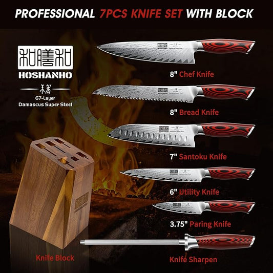 HOSHANHO Kitchen Knife Set with Block, 7 Pieces Chef Knife Set 67 Layers Damascus Steel Professional Knife Set for Cooking, Ergonomic G10 Handles with Sharpener