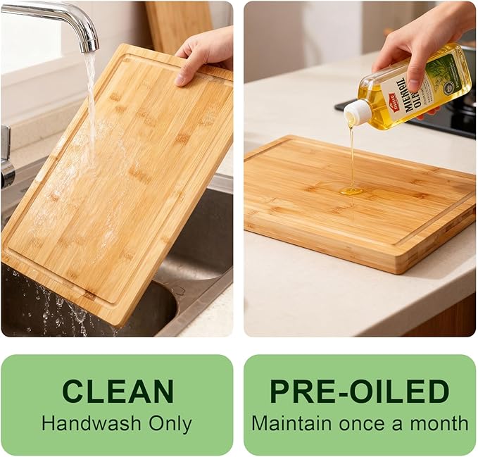 Tafopue Bamboo Cutting Board for Kitchen, Thickened Chopping Board with Juice Groove & Handles, Large Double Sided Butcher Block for Meat, Vegetables & Charcuterie Serving, 17x12x1 Inch