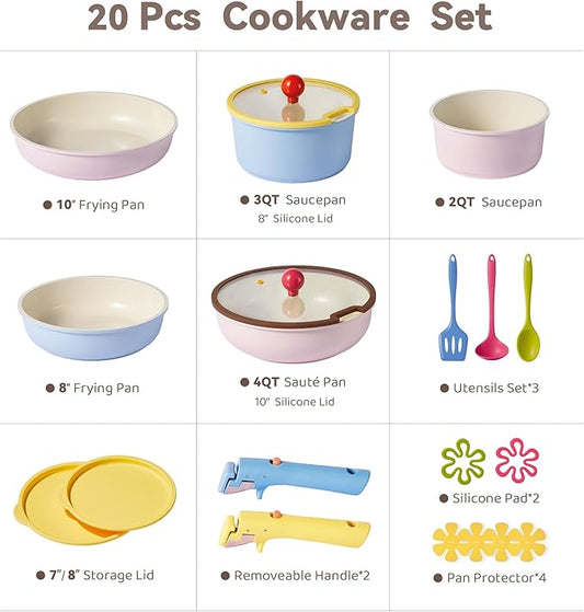 CAROTE 20pcs Ceramic Cookware Set Detachable Handle, Pots and Pans Set Nonstick, Induction Cookware with Removable Handle, RV Dishwasher & Oven Safe, PFOA Free