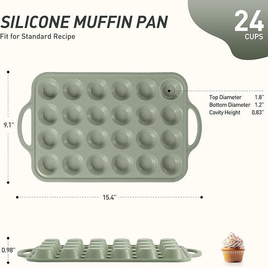 Socisen 24 Cups Silicone Muffin Pan with Metal Reinforced Frame Mini Size Cupcake Pan Tray Egg Bites Silicone Circle Cookie Molds Little Small Muffin Tin Tart Pans Baking Sheet Set for Sandwiches