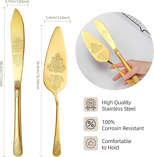 tiokin Cake Cutting Set for Wedding, Elegant Cake Knife and Server Set with Thickened Stainless Steel Rounded Edges, Cake Cutter Pie Spatula for Birthday Anniversary Christmas 2 Pcs Gold