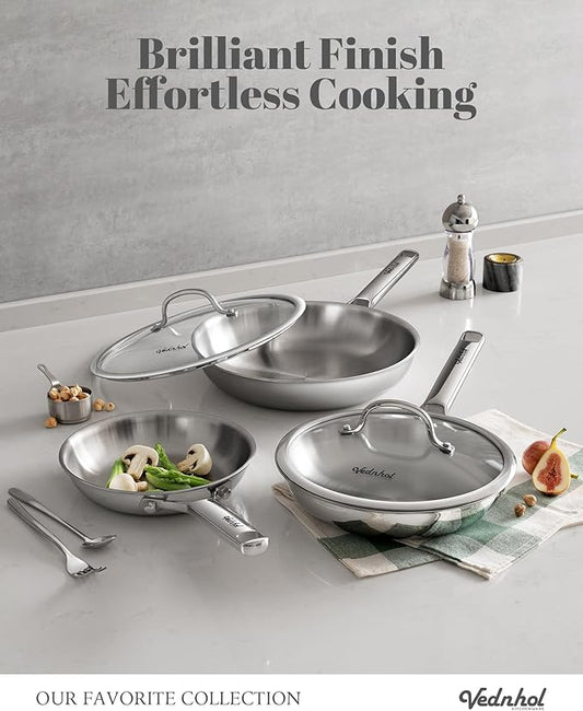 VEDNHOL Stainless Steel Pan with Lid,12 Inch Stainless Steel Frying Pan,Tri-Ply Stainless Steel Skillet,Steel Pan for Cooking,PFOA&PTFE Free,Dishwasher and Oven Safe,Induction&All Stove Compatible