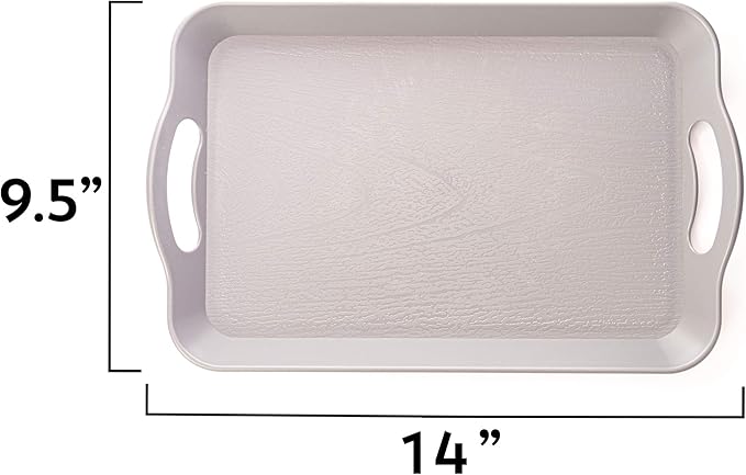 Handled Cafeteria Tray - 14" x 9" Rectangular Wood Grain Textured Plastic Food Serving TV Tray - Great for Restaurant Buffets, Diners, School Lunch, Cafe Commercial Kitchen and More (Grey)