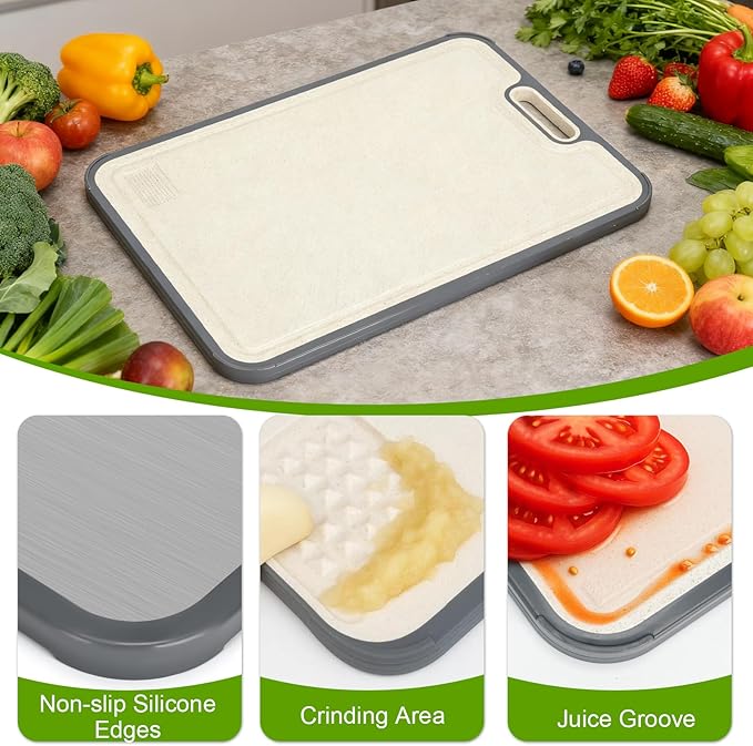 Titanium Cutting Board for Kitchen,2-in-1 Double Sided Food-Grade Pure Titanium&Wheat Straw PP,Non-Toxic,Non-Slip,Ideal for Meat,Fruit,Vegetables & Family Cooking ,Easy to Clean Large Size 15.2”×10.5”