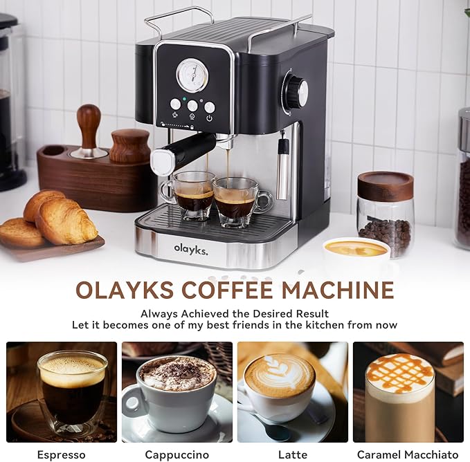 Olayks Espresso Machine 20 Bar, Professtional Espresso Coffee Maker with Milk Frother Steam Wand for Latte, Cappuccino, Espresso Maker with 1.8L Removable Water Tank, Gift for Dad or Mom