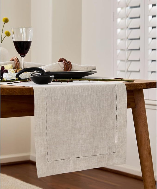Solino Home Linen Light Natural Table Runner 72 Inches Long - 100% Pure Linen Hemstitch Table Runner 14 x 72 Inch for Dresser, Dining, Spring, Easter - Classic Hemstitch