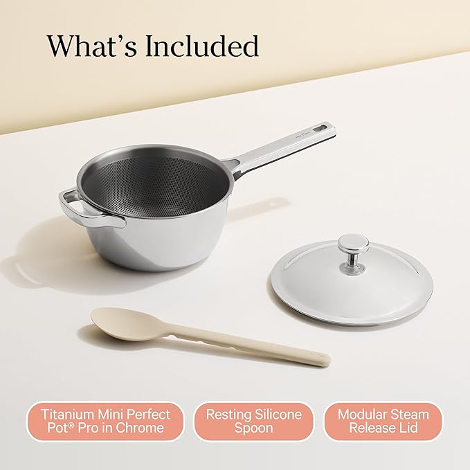 Our Place Mini Titanium Perfect Pot Pro | 2.75 Qt Cooking Pot with Lid & Silicone Spoon | PFAS-Free Nonstick, Fully-Clad Tri-Ply Stainless Steel & Aluminum | Induction & Oven-Safe to 1000°F | Chrome