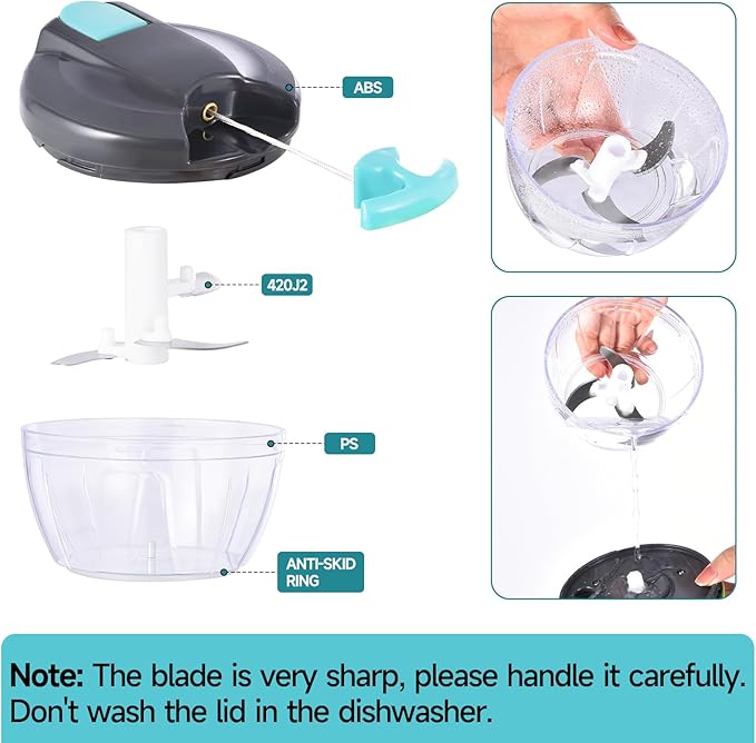 Ziweaye Manual Food Processor Vegetable Chopper, Portable Hand Pull String Garlic Mincer Onion Cutter for Veggies, Ginger, Fruits, Nuts, Herbs, etc., 500ml,(Gray-blue)