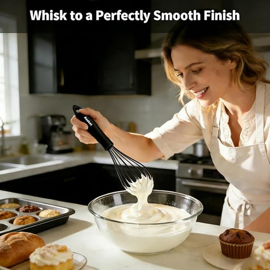Anaeat Kitchen Whisk Set of 5, Perfect for Non-Stick Cookware, Egg Beater Milk Blender for Whisking, Cooking, Baking - 5"+7" Mini Wire Whisk and 9''+11''+12'' Silicone Balloon Whisks (Black)