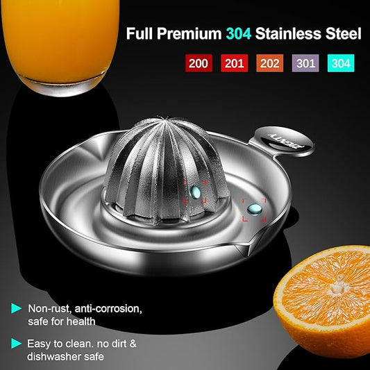 Lemon Squeezer Stainless Steel, Heavy Duty Manual Hand Juicer, Premium Citrus Reamer Juicer Rotation, Lime Orange Fruit Squeezer, 200ML Container 2 Pour Spouts, Dishwasher Safe(5-Year Warranty)