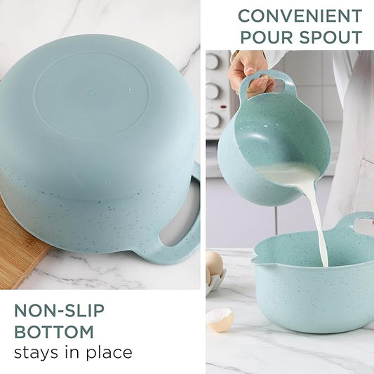 COOK WITH COLOR Nesting Plastic Mixing Bowl Set with Pour Spouts and Handles, Speckled Mint, 4 Piece Non-Slip