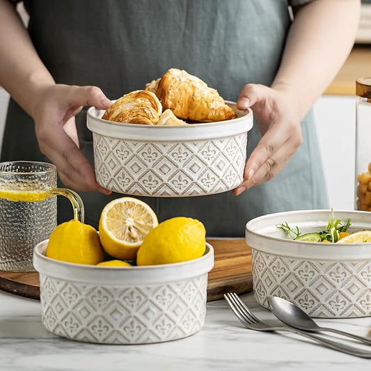 40 Oz Ceramic Airtight Bowls Set of 4 - Large Mixing Bowls with Lids Set for Salad, Pho, Soup, Pasta, Dessert, Serving, Oatmeal, Baking Dishes, Dishwasher & Microwave Safe, Beige