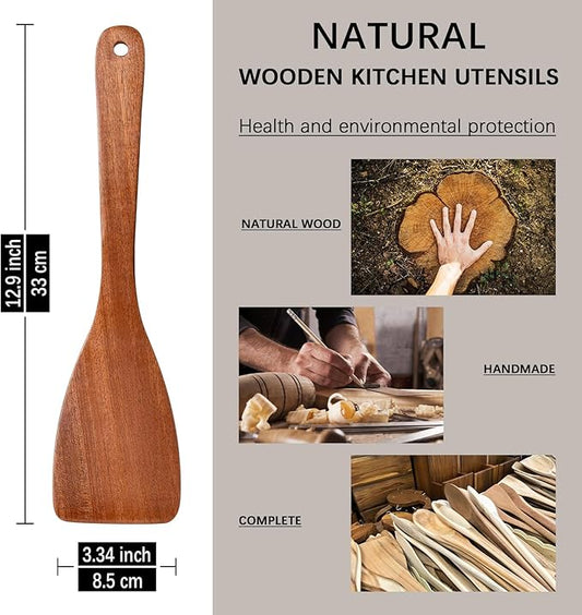 2PCS Wooden Spatulas for Cooking, 13inch Coated Sapele Wood Turners for Frying, Non-Scratch Flat Spurtle for Pan & Wok, Wooden Cooking Utensils for Non Stick Cookware, Long Handle Scraper