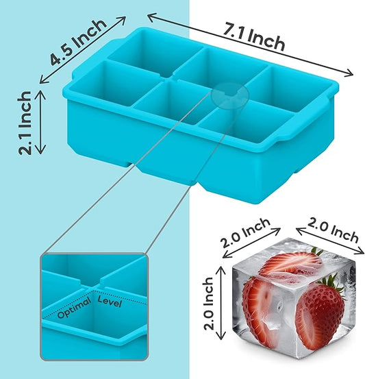 KitchFort Large Silicone Ice Cube Tray (2-Pack), Easy Release 2" Big Ice Cubes - Cocktail, Whiskey Ice Cubes Mold - Ice Trays for Freezer with Lid - Stackable Silicone Ice Tray - Turquoise