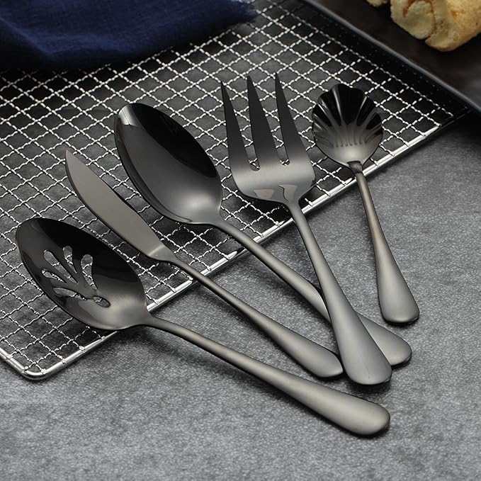 Berglander Stainless Steel Black Titanium Plated Flatware Serving Set 6 Pieces, 5 Serving Pieces of 45 Pieces Flatware With 1 Cake Server, Serving Silverware Set (Shiny Black)