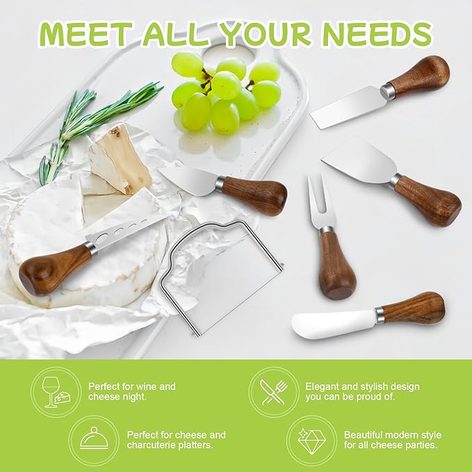 7-Piece Cheese Knife Set, Premium Stainless Steel Cheese Knives with Acacia Wood Handle and Cheese Slicer, Cheese Spreading Knife for Charcuterie Boards and Cutlery Gift Set