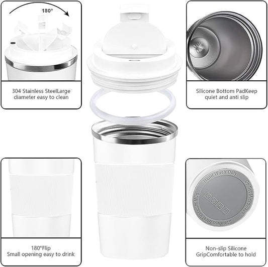 YINBAOGE Insulated Travel Coffee Mug, Spill & Leak Proof, Portable To Go Camping Stainless Steel Coffee Tumbler, Reusable Thermal Coffee Cup with Lid for Hot & Cold Drinks (White, 12 OZ)