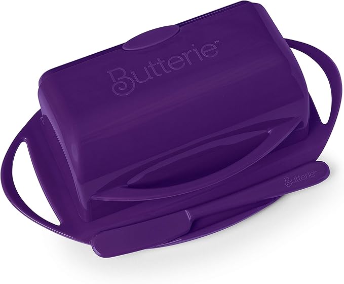 Butterie Flip-Top Butter Dish with Lid & Matching Knife, Holds 2 Sticks/European Butter, No-Mess Butter Holder, Shatterproof, Dishwasher Safe, Purple