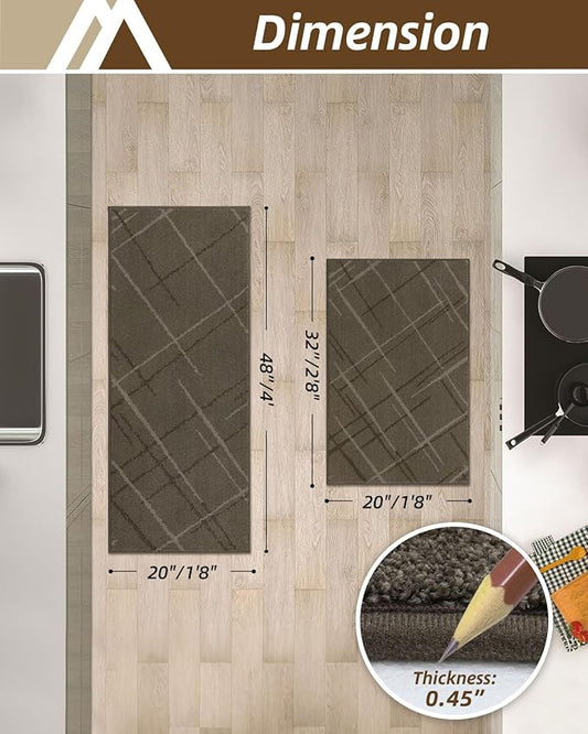 COSY HOMEER Kitchen Mats, 2 PCS Kitchen Rug Non Slip Washable, Absorbent Runner Rugs for Kitchen Floor, Polyester Kitchen Sink Rug 20"x32" + 20"x48"(Brown)