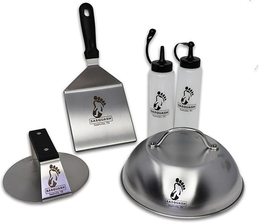 The Sasquash - 6" Heavy Duty Extra Wide Flat Handle Smashed Burger Press - Commercial Grade Welded Stainless Steel Burger Smasher (5pc Burger Master Kit)