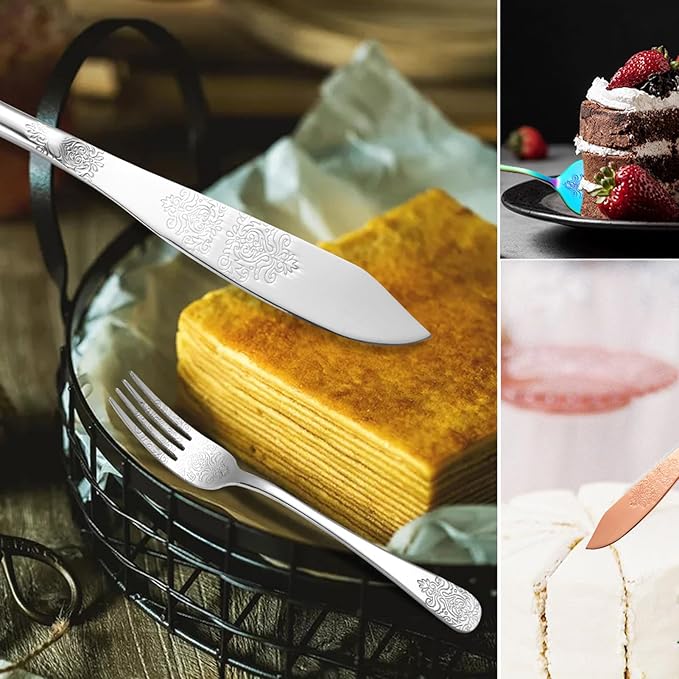 Tiokin Cake Cutting Set for Wedding, Elegant Cake Knife and Server Set with Thickened Stainless Steel Rounded Edges, Cake Cutter Pie Spatula for Birthday Anniversary Christmas 2 Pcs Silver