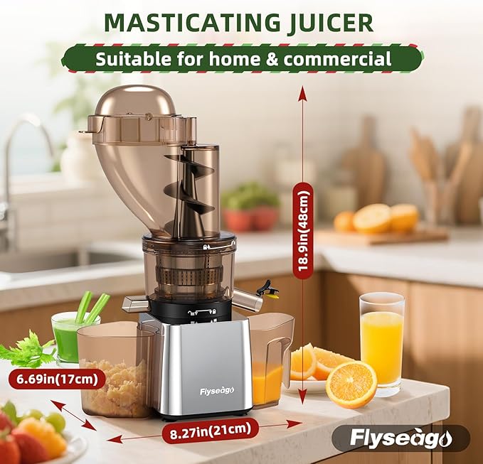 Flyseago Commercial 300W Cold Press Juicer Machines - Dual Outlet for Juice & Pulp, High Yield, Masticating Juicers, Heavy Duty Stainless Steel, Quiet Motor, Easy Clean for Restaurants, Bars