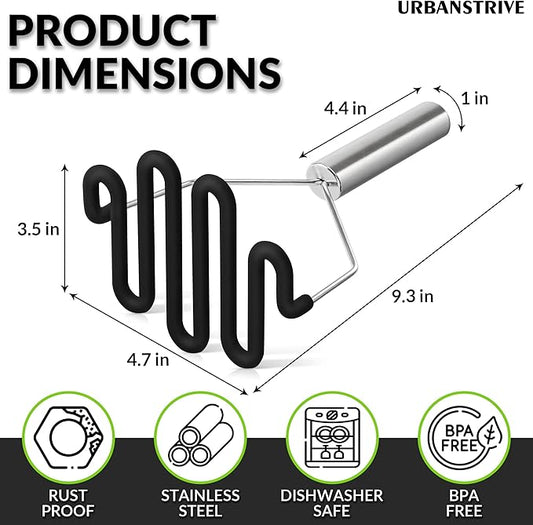 Urbanstrive Non-Scratch Silicone Potato Masher Kitchen Tool, Potatoes Masher Potato Masher Stainless Steel Wrapped In Premium Silicone, Potato Smasher (Black)