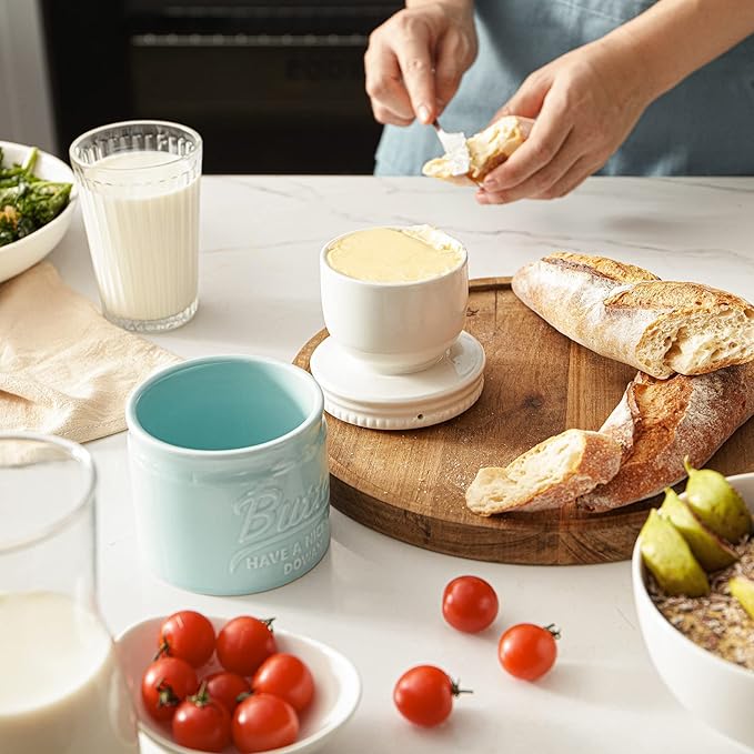 DOWAN Butter Crock, French Butter Dish for Spreadable Soft Butter, Ceramic Butter Keeper with Lid for countertop, Housewarming Gift for Wife Mom Friends, Blue