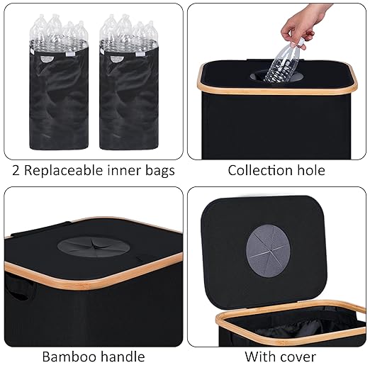 29 Gallons Recycling Bins for Kitchen, Indoor Recycle Bins with Lid, 110L Large Recycle bin with 2 Removeable Reusable Inner Bags, for Bottles Cans Glass Plastice Cartons(Black)