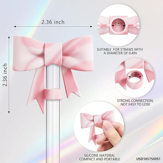 Compatible with Stanley Cup Accessories - 3Pcs 10mm Bow Straw Topper Compatible with Stanley Cup Straw Cover Cap, 2pcs Pink White Bow Charms for 30&40 Oz Tumbler with Handle