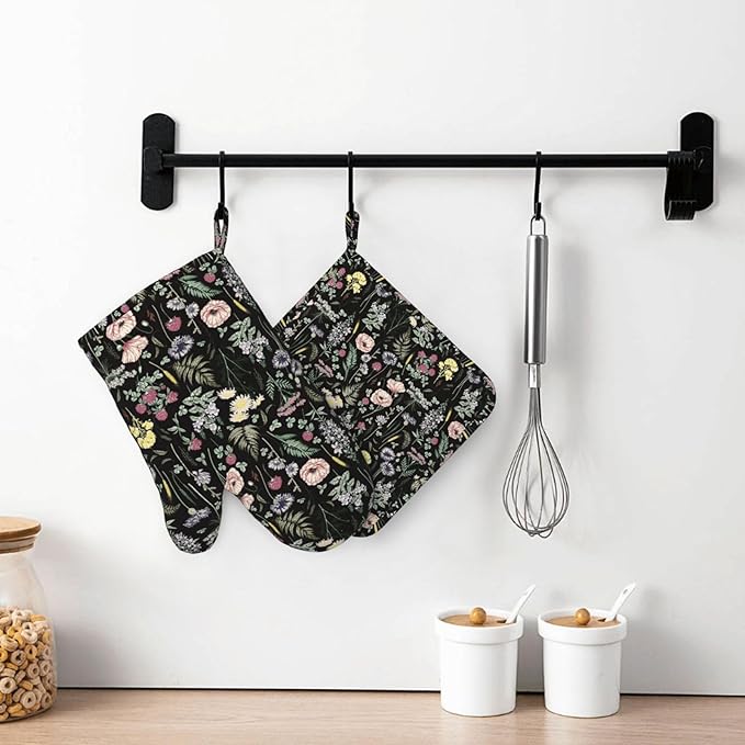 Black Floral Silicone Oven Mitts and Pot Holders Sets Dark Wildflower Rustic Flower Blossom Farmhouse Leaves Botanical Kitchen Mitts Potholder Kitchen Accessories for Cooking Baking BBQ