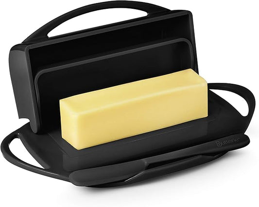 Butterie Flip-Top Butter Dish with Lid & Matching Knife, Holds 2 Sticks/European Butter, No-Mess Butter Holder, Shatterproof, Dishwasher Safe, Black