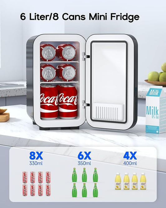 Mini Fridge,6 Liter / 8 Can Small Fridge for Bedroom, Car, Office & Dorm, AC100-120 V/DC 12 V Portable Thermoelectric Cooler & Warmer for Skincare, Food, Drinks,Black 