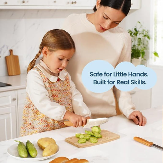 Kibbidea Kids Knife Set for Real Cooking Safe, 4pcs Kids Beginners Kitchen Knives for Cutting Chopping, Food-grade Stainless Steel Blades, Metal Children First Starter knife, BPA-free Tool (Silver)