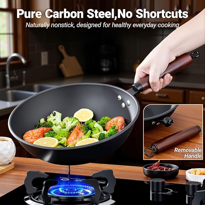 Abangdun Carbon Steel Wok Pan, Nitrided Pre-Seasoned Round Bottom Woks & Stir-Fry Pans Nonstick, Chinese Wok with Glass Lid & Steel Rack for Gas for All Concave Stovetops, Gift for Chef - 13.4"