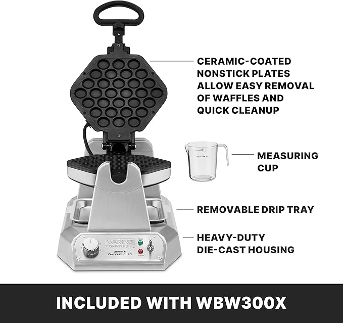 Waring Commercial WBW300X Single Bubble Waffle Maker w/Cast Aluminum Grids, 120V, 1200W, 5-15 Phase Plug